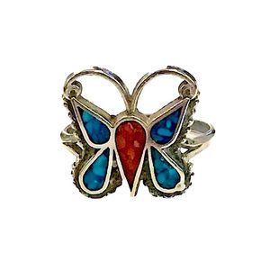 Crushed Turquoise Coral Sterling Silver Butterfly Ring 5/6/7